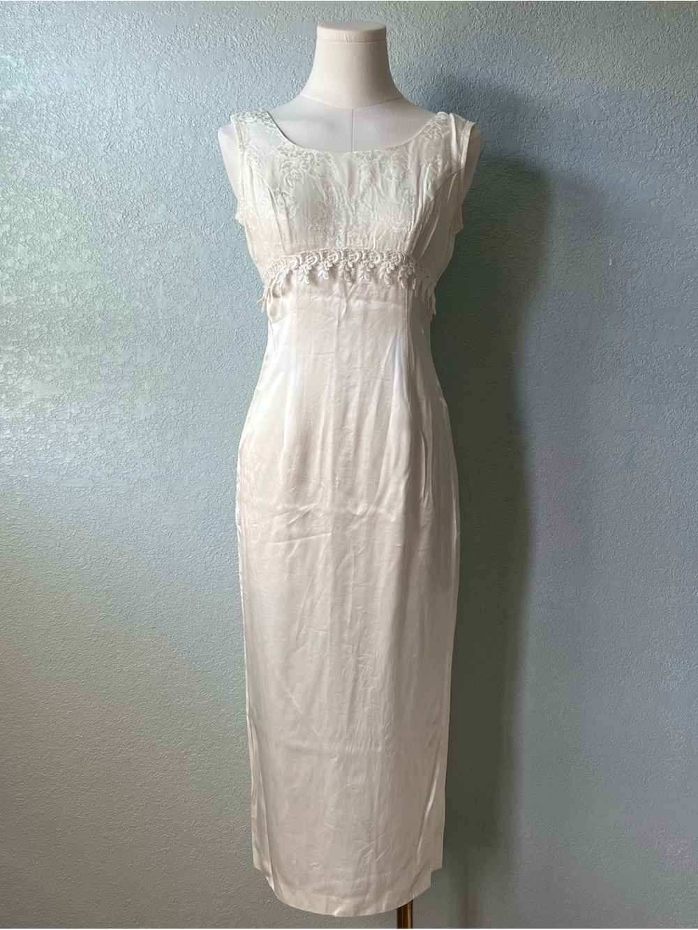 Vintage Knapp Studio Ivory Satin Maxi Dress Size 5 Lace Trim Bridal Formal Y2K